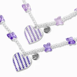 Best Friends Purple Heart & Butterfly Pearl Beaded Pendant Necklaces - 2 Pack
