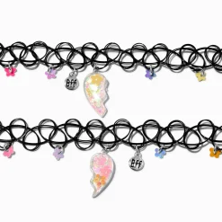 Best Friends Split Heart Flower Charm Tattoo Choker Necklaces - 2 Pack