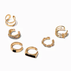 Black Crystal Gold-tone Ear Cuffs - 6 Pack