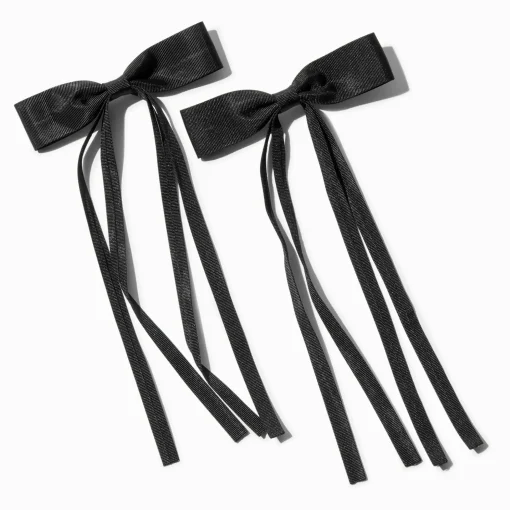 Black Grosgrain Ribbon Long Tail Hair Bow Clips - 2 Pack