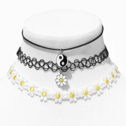 Black Yin Yang & Daisy Choker Necklaces - 3 Pack