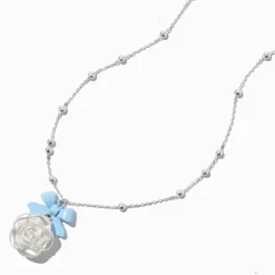 Blue Bow & Rose Pearl Silver-tone Necklace