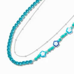 Blue Flower Beaded Silver-tone Chain Multi-Strand Necklace