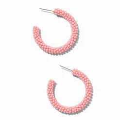 Bright Coral Beaded Hoop Earrings