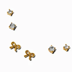 C LUXE by Claire's 18k Gold Plated Cubic Zirconia Bow Stud Earring Stackables Set - 3 Pack
