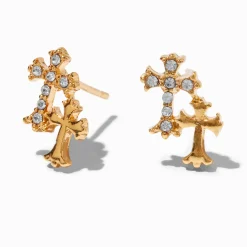 C LUXE by Claire's 18k Yellow Gold Plated Crystal Double Cross Stud Earrings