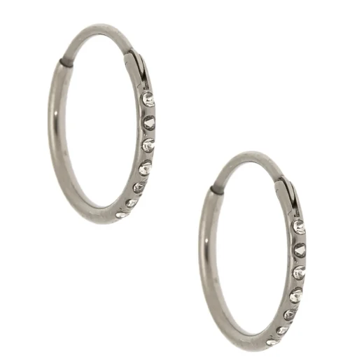 C LUXE by Claire's Silver-tone Titanium 10mm Sleek Crystal Hoop Earrings