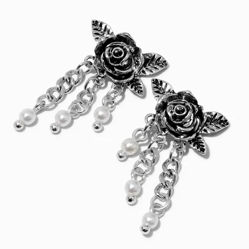 Carved Rose & Pearl Chains Drop Earrings