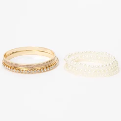 Claire's Club Gold-tone Bangle & Pearl Stretch Bracelet Set - 5 Pack