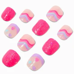 Claire's Club Pink Squiggle Square Press On Vegan Faux Nail Set - 10 Pack