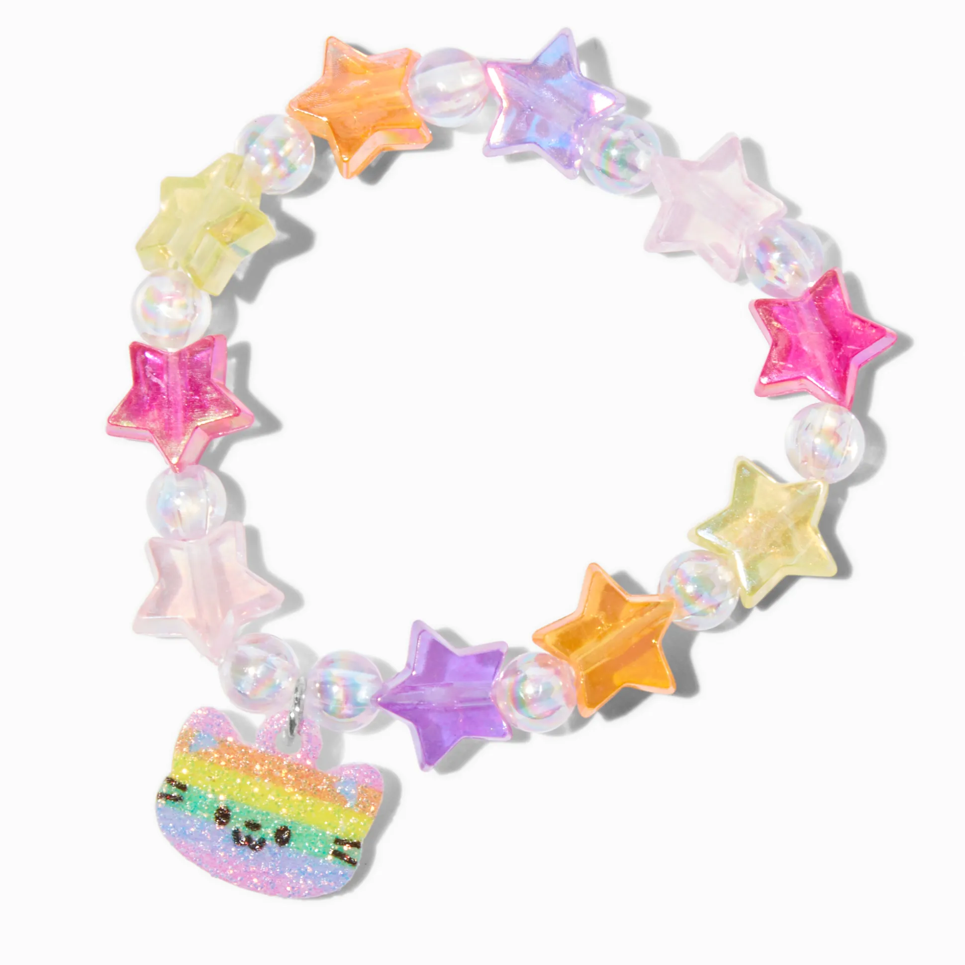 Claire's Club Rainbow Cat Charm Star Beaded Stretch Bracelet