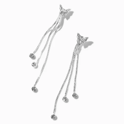 Crystal Butterfly Silver-tone Chain Fringe 3" Drop Earrings