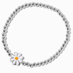 Daisy Charm Silver-tone Shot Bead Stretch Bracelet