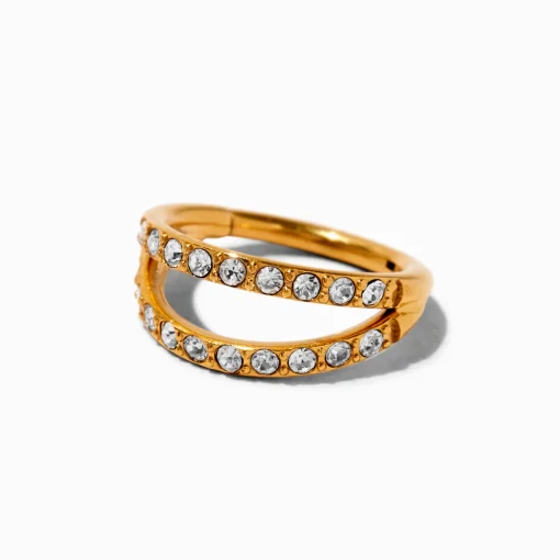 18G Gold-tone Titanium Crystal Double Row Nose Ring