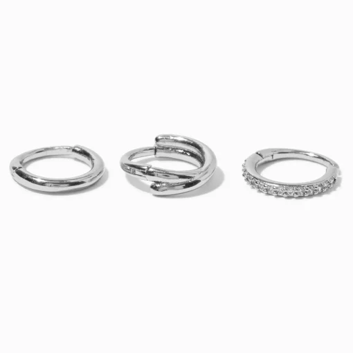 18G Silver-tone Stainless Steel Cubic Zirconia Twist Nose Hoops - 3 Pack