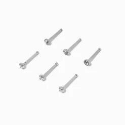 20G Silver-tone Stainless Steel Cubic Zirconia Nose Studs - 6 Pack