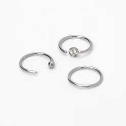 20G Silver-tone Stainless Steel Crystal Ball Nose Rings - 3 Pack