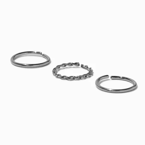 20G Silver-tone Titanium Braided & Smooth Nose Hoop Rings - 3 Pack