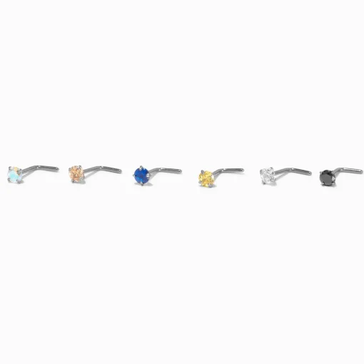 20G Silver-tone Titanium Colored Cubic Zirconia Nose Studs - 6 Pack