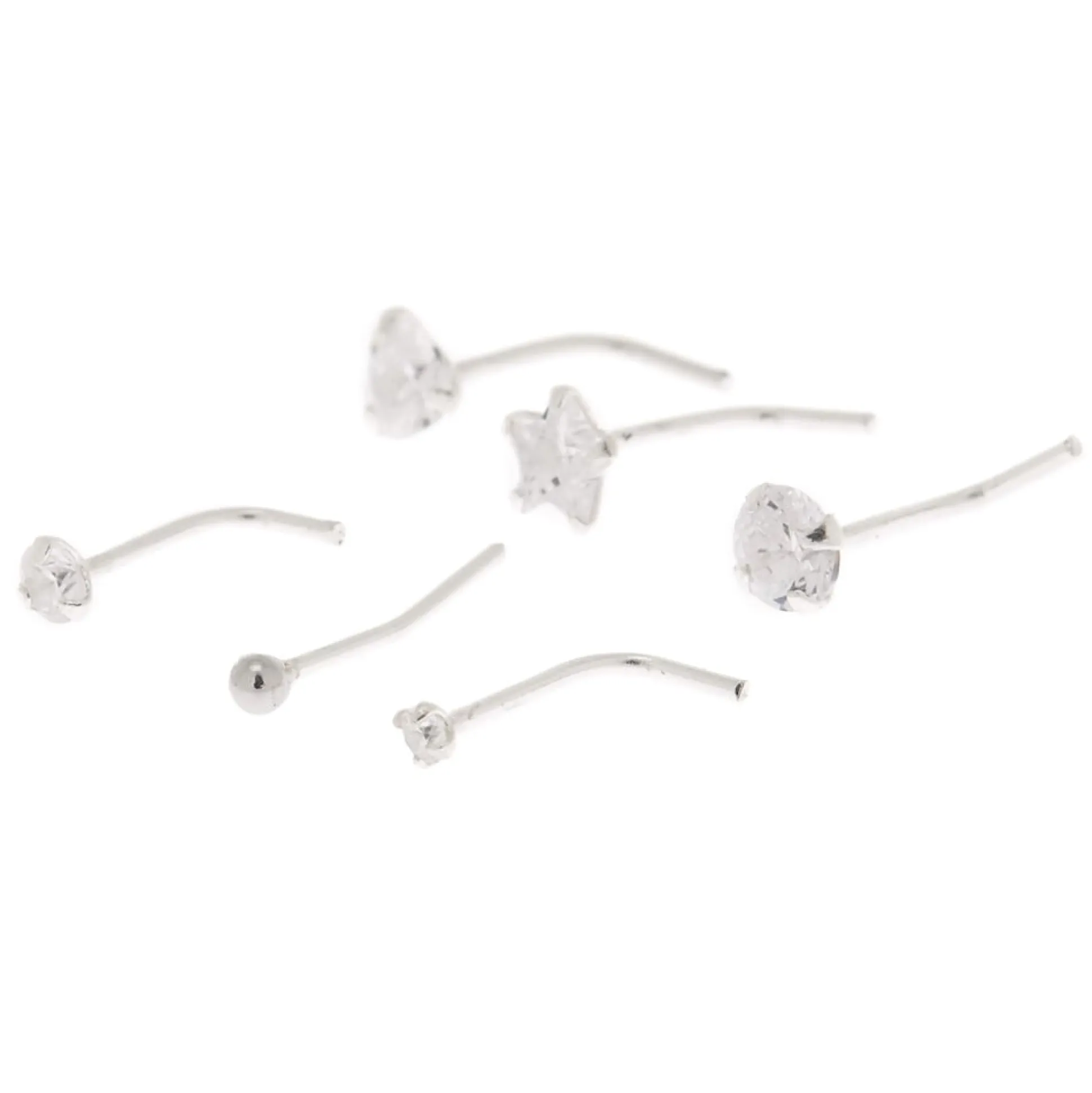 22G Sterling Silver Cubic Zirconia Mixed Nose Studs - 6 Pack