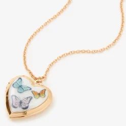 Gold Butterfly Heart Locket Pendant Necklace