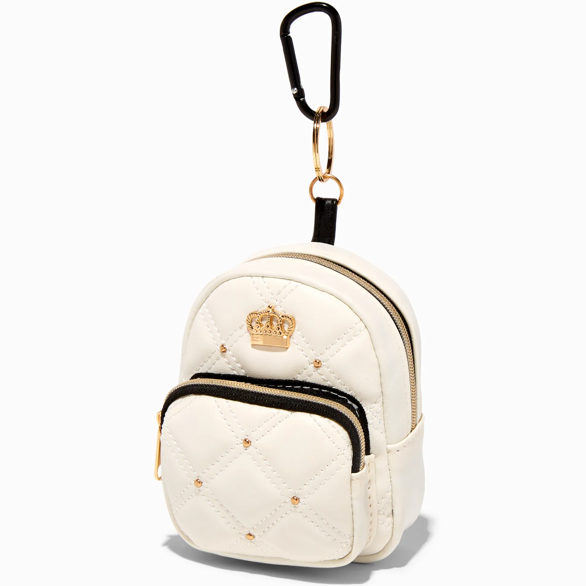 Gold Crown White Quilted Mini Backpack Keychain