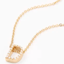 Gold Pearl Initial Chain Necklace - D