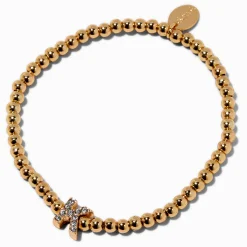 Gold-tone Beaded Pavé Initial Stretch Bracelet - K