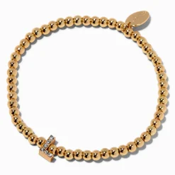 Gold-tone Beaded Pavé Initial Stretch Bracelet - L