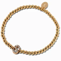 Gold-tone Beaded Pavé Initial Stretch Bracelet - S