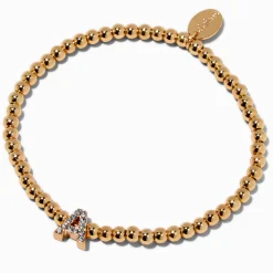 Gold-tone Beaded Pavé Initial Stretch Bracelet - A