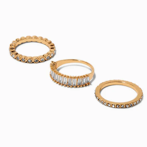 Gold-tone Bezel-Set Cubic Zirconia Rings Stack - 3 Pack