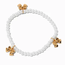 Gold-tone Bow & Pearl Beaded Stretch Bracelet