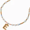 Gold-tone Bubble Initial Pastel Beaded Pendant Necklace - E
