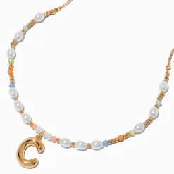 Gold-tone Bubble Initial Pastel Beaded Pendant Necklace - C
