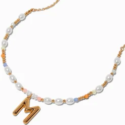Gold-tone Bubble Initial Pastel Beaded Pendant Necklace - M
