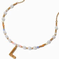 Gold-tone Bubble Initial Pastel Beaded Pendant Necklace - L