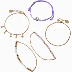 Gold-tone Celestial Beaded & Purple Woven Bracelet Set - 5 Pack