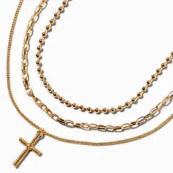 Gold-tone Cross Pendant & Chain Necklaces - 3 Pack