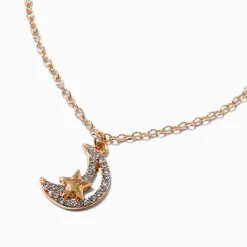 Gold-tone Crystal Moon & Star Pendant Necklace