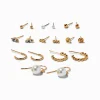 Gold-tone Crystal Swirl & Pearl Mixed Earrings Set - 9 Pack