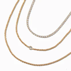 Gold-tone Cubic Zirconia Bezel Laser Multi-Strand Chain Necklace
