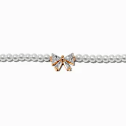 Gold-tone Cubic Zirconia Bow Pearl Choker Necklace