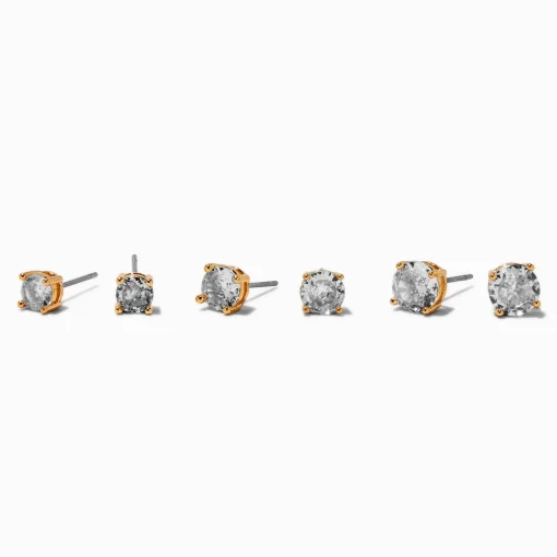 Gold-tone Cubic Zirconia 5mm, 6mm, & 7mm Round Stud Earrings - 3 Pack