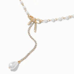 Gold-tone Cubic Zirconia Pearl Bow Y-Neck Pendant Necklace