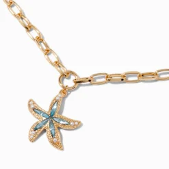 Gold-tone Embellished Starfish Paperclip Chainlink Pendant Necklace