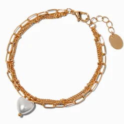 Gold-tone Faux Pearl Heart Multi-Strand Bracelet