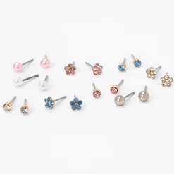 Gold-tone Flower Crystal Pearl Stud Earrings - 9 Pack