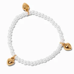 Gold-tone Heart & Pearl Beaded Stretch Bracelet