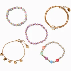 Gold-tone Heart Chain Seed Bead Bracelet Set - 5 Pack